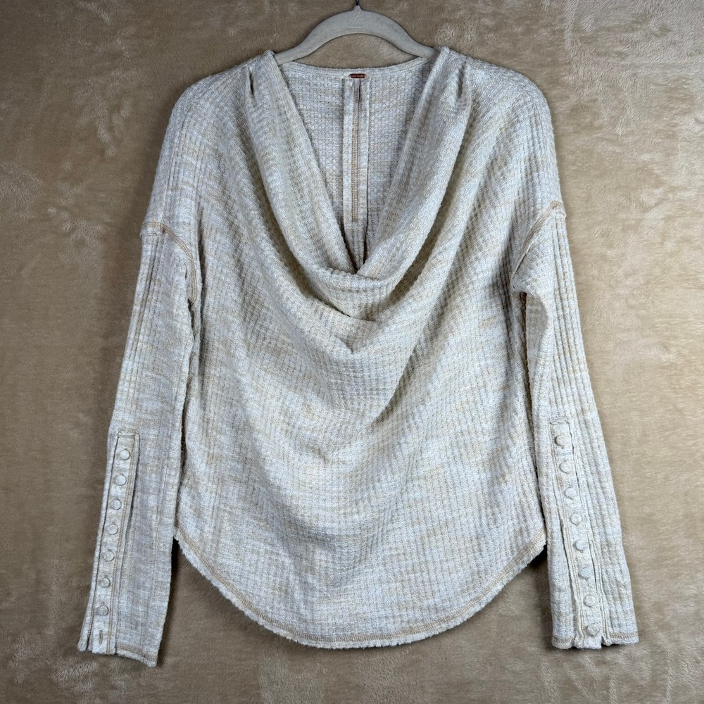 Free People Women S Misty Waffle Cowl Neck Thermal Top Cream/Tan Marled Boho
